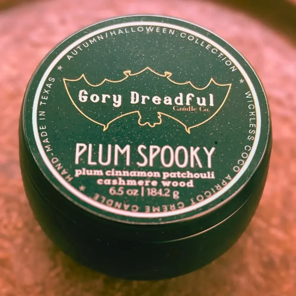 Plum Spooky Wickless Candle: Plum Cinnamon Patchouli Leaf Cashmere Woods Scent